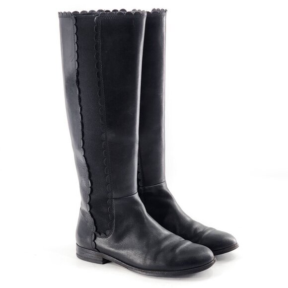 KATE SPADE Rayna Black Leather Knee-High Riding Boots Scallop Detail - Picture 1 of 10